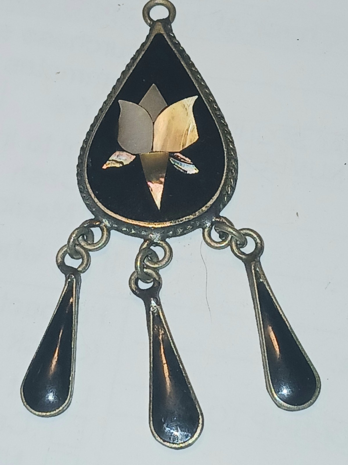 Vintage black onyx and Mexican abalone pendant flower image- no chain