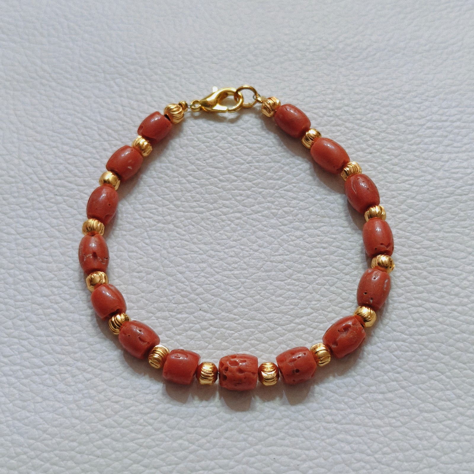 Natural Italy Red Coral Drum Beads Bracelet Brass Handmade CoralGemstone Jewelry