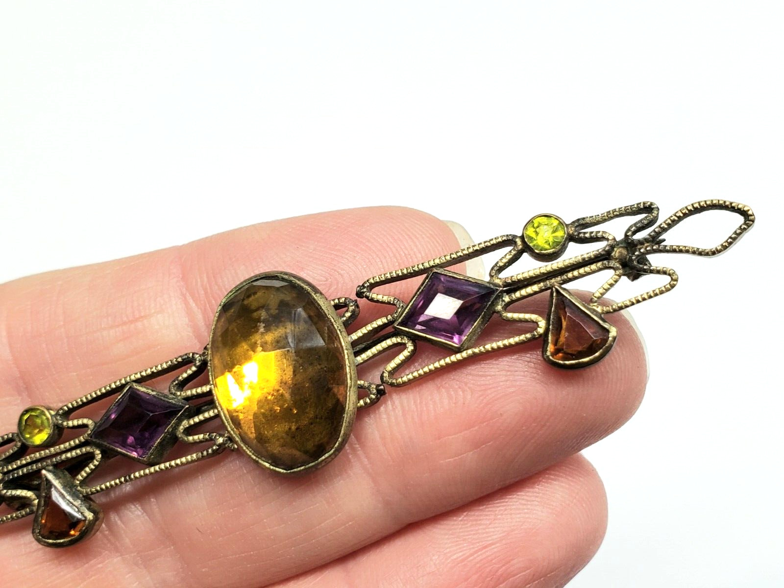 Vintage Art Deco Glass Faux Gemstone Brass Plated Filigree Bar Pin Brooch