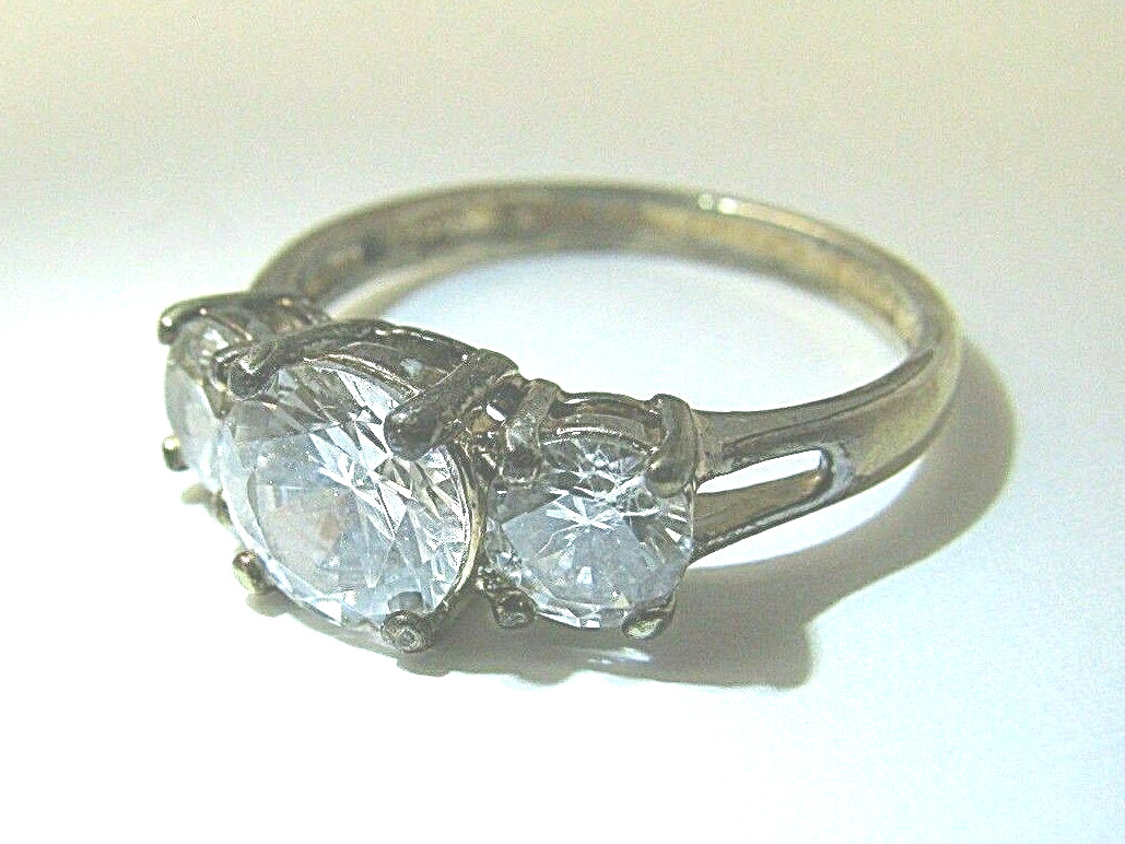 GOLD PLATED STERLING SILVER RING THREE CZ CUBIC ZIRCONIA 3 IDEAL ROUND CUT Sz 8