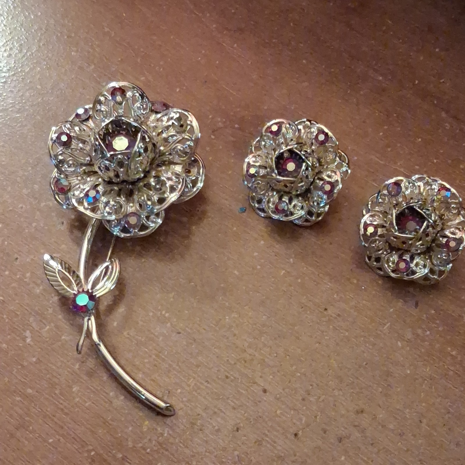 Vintage Silver Tone Clear Rhinestone Floral Brooch Pin & Clip Earrings Set