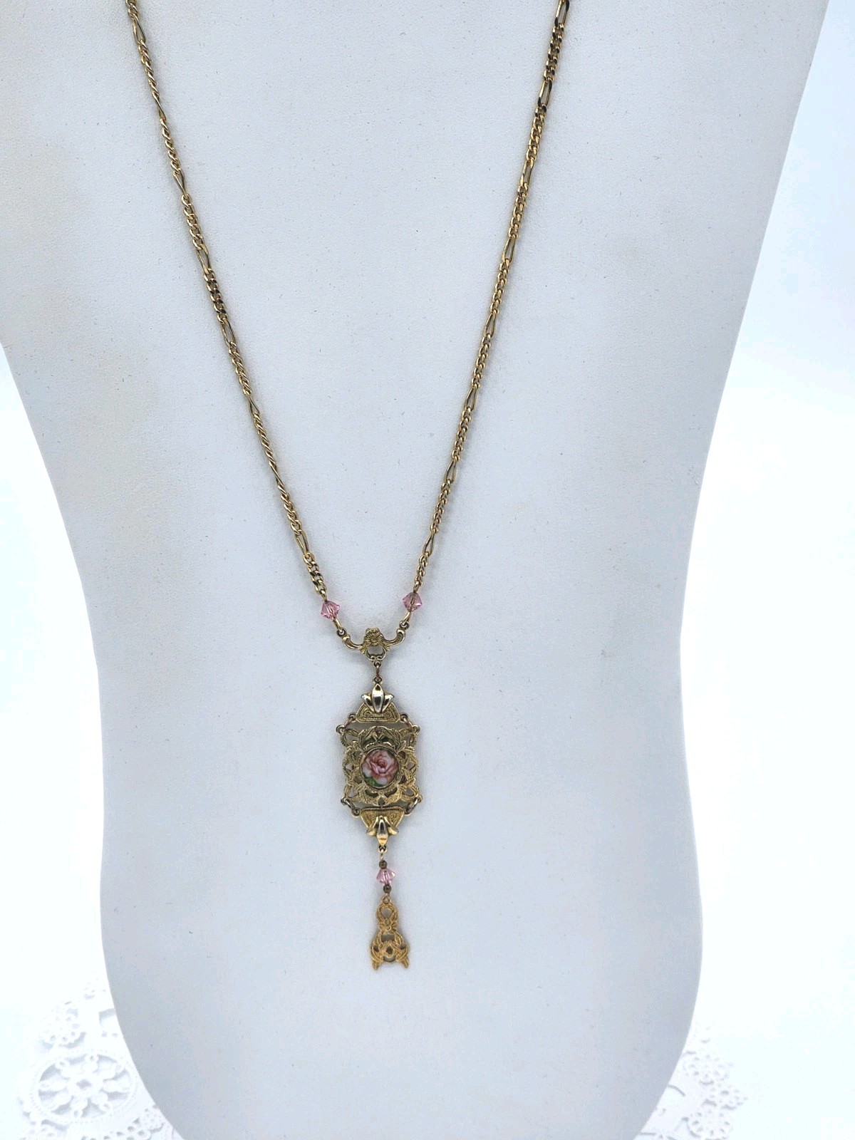 1928 Victorian Deco Porcelain Rose Pink Crystal Pendant Necklace 23″