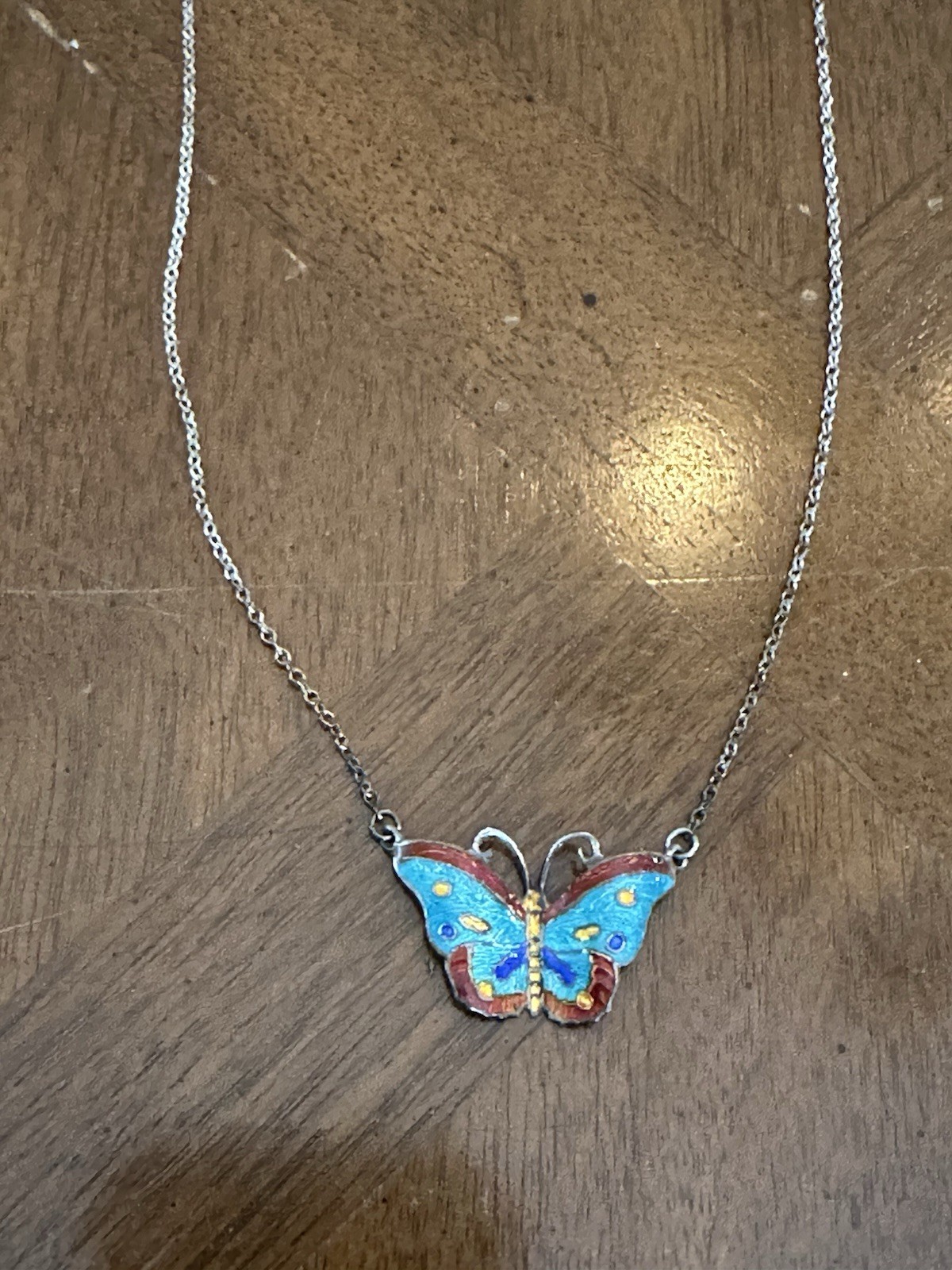Vintage Sterling Silver Multicolor Enamel Butterfly Pendant Necklace Nice!