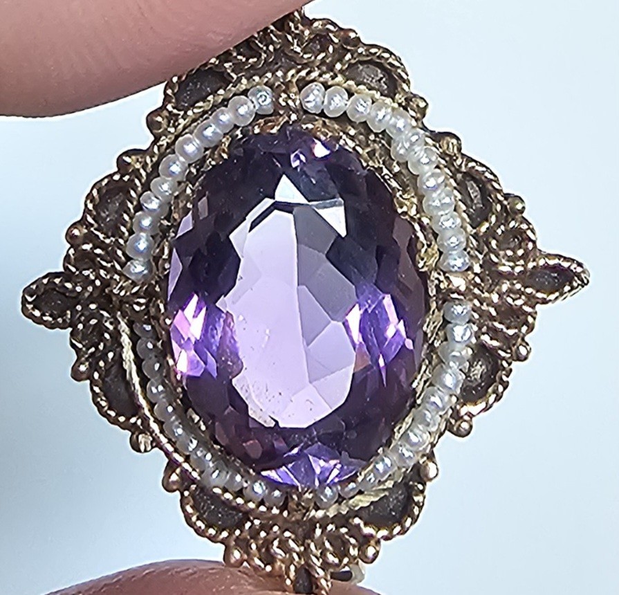 Vintage 14kt Gold Filigree Amethyst & Seed Pearl Brooch/Pendant