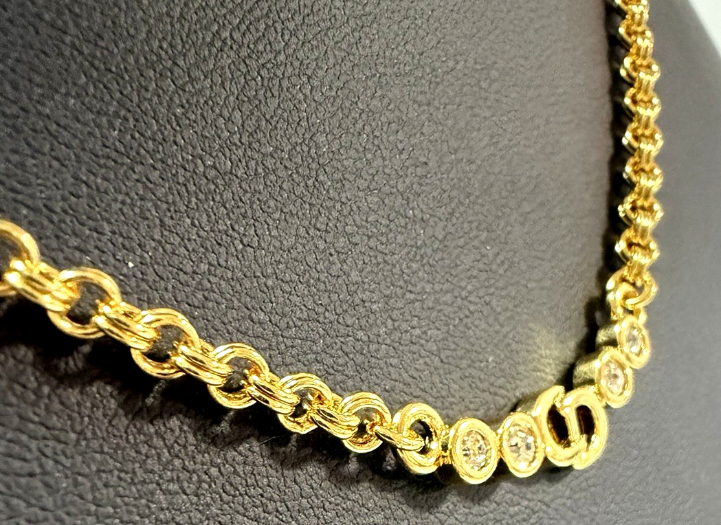 Christian Dior necklace pendant with rhinestones CD logo gold plated Vintage