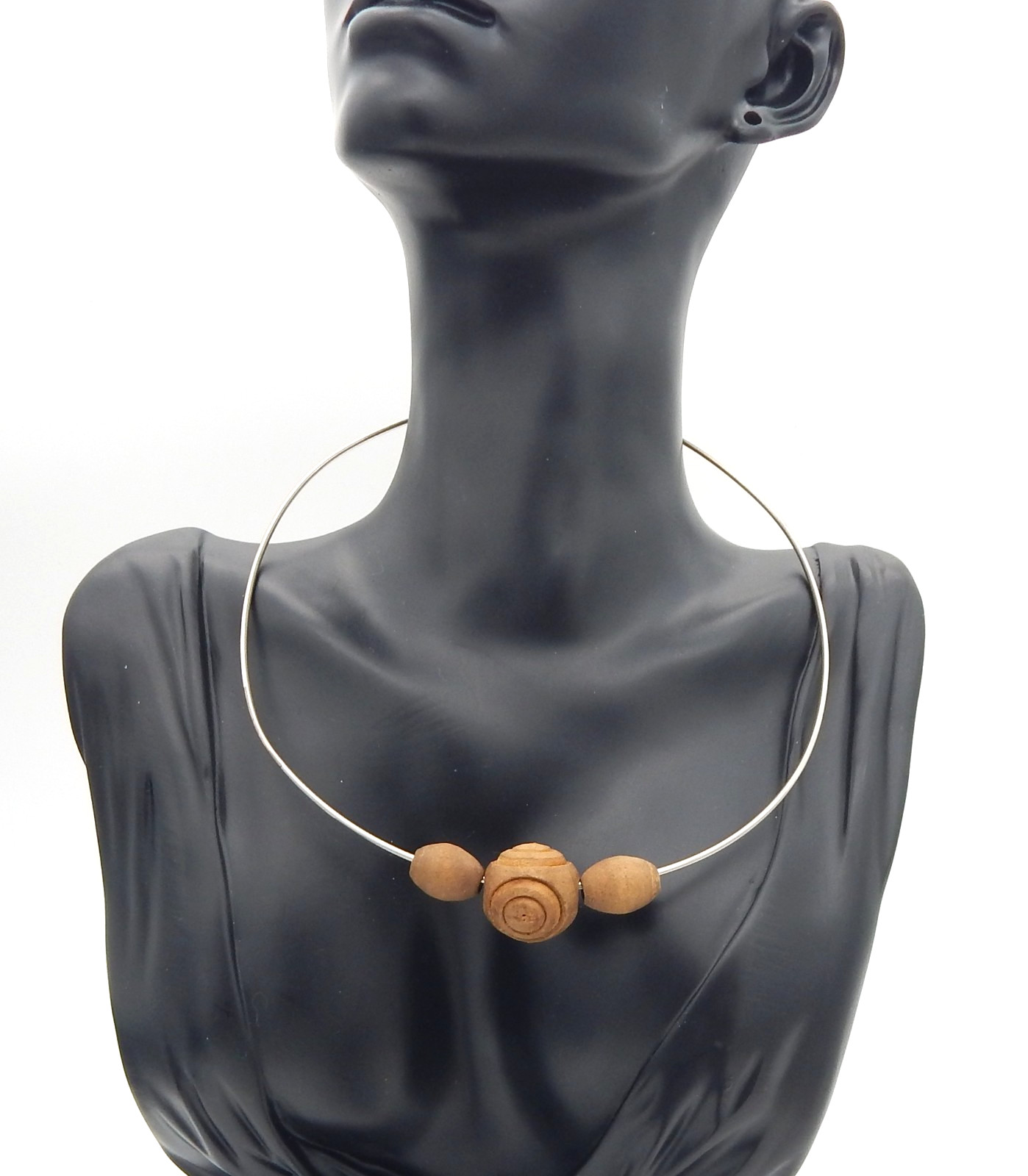 Vintage MCM Silver Toned Engraved Wood Beaded Choker Necklace