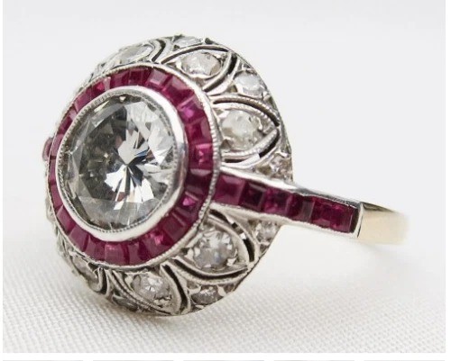 Art Deco Round Lab Created Diamond & Ruby Engagement 14K Yellow Gold Finish Ring