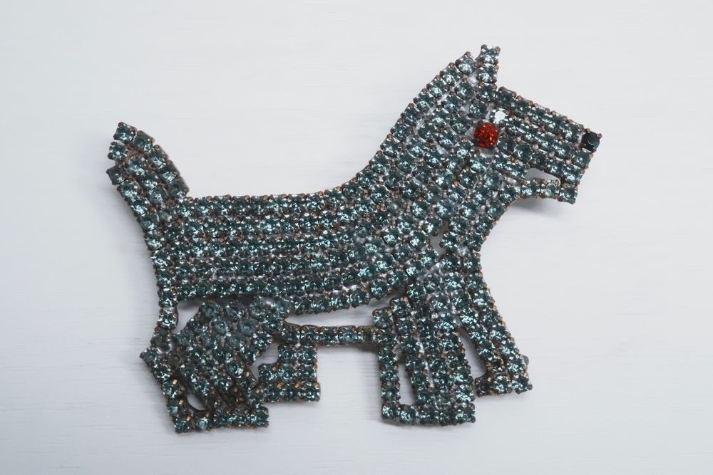 Vintage brooch Gablonz dog terrier rhinestone light blue 6 cm.