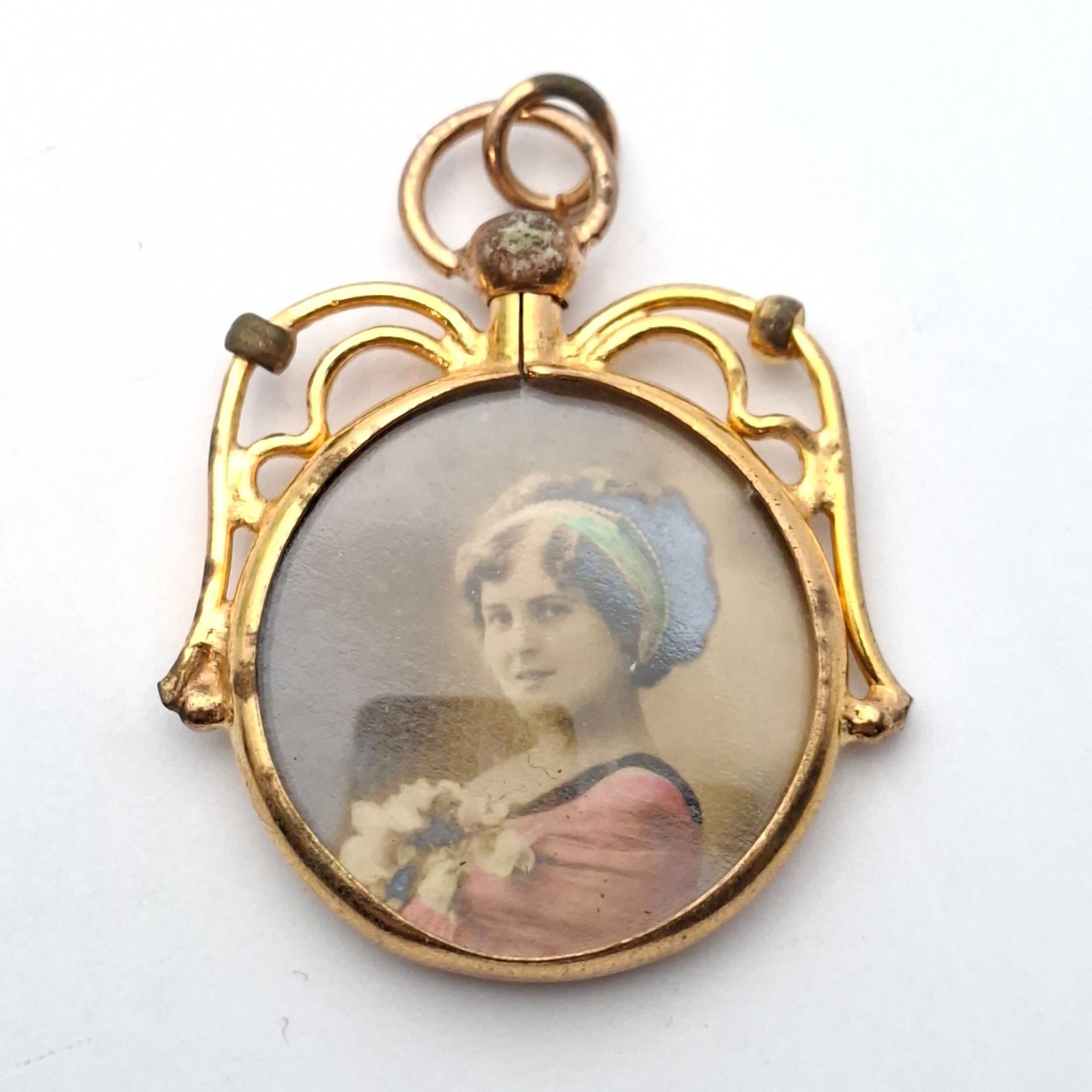 Antique German rolled 9ct Gold litho photo portrait locket pendant double sided