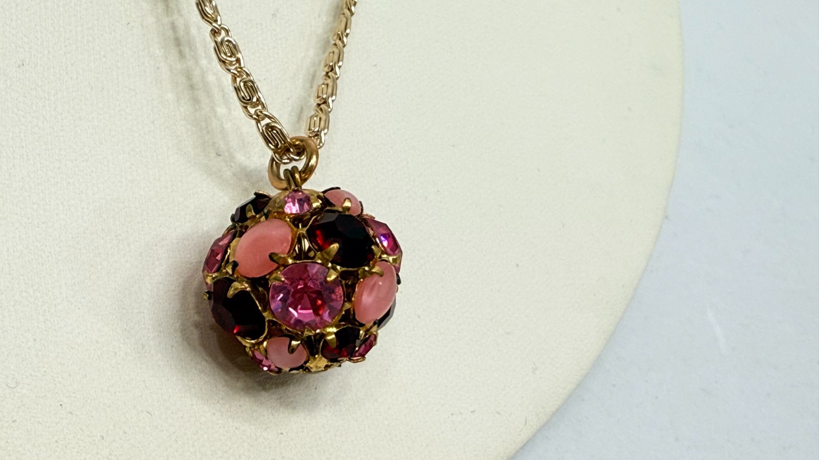 Vintage Necklace Choker Germany Disco Ball Style Pink Gemstones Gold Tone Chain
