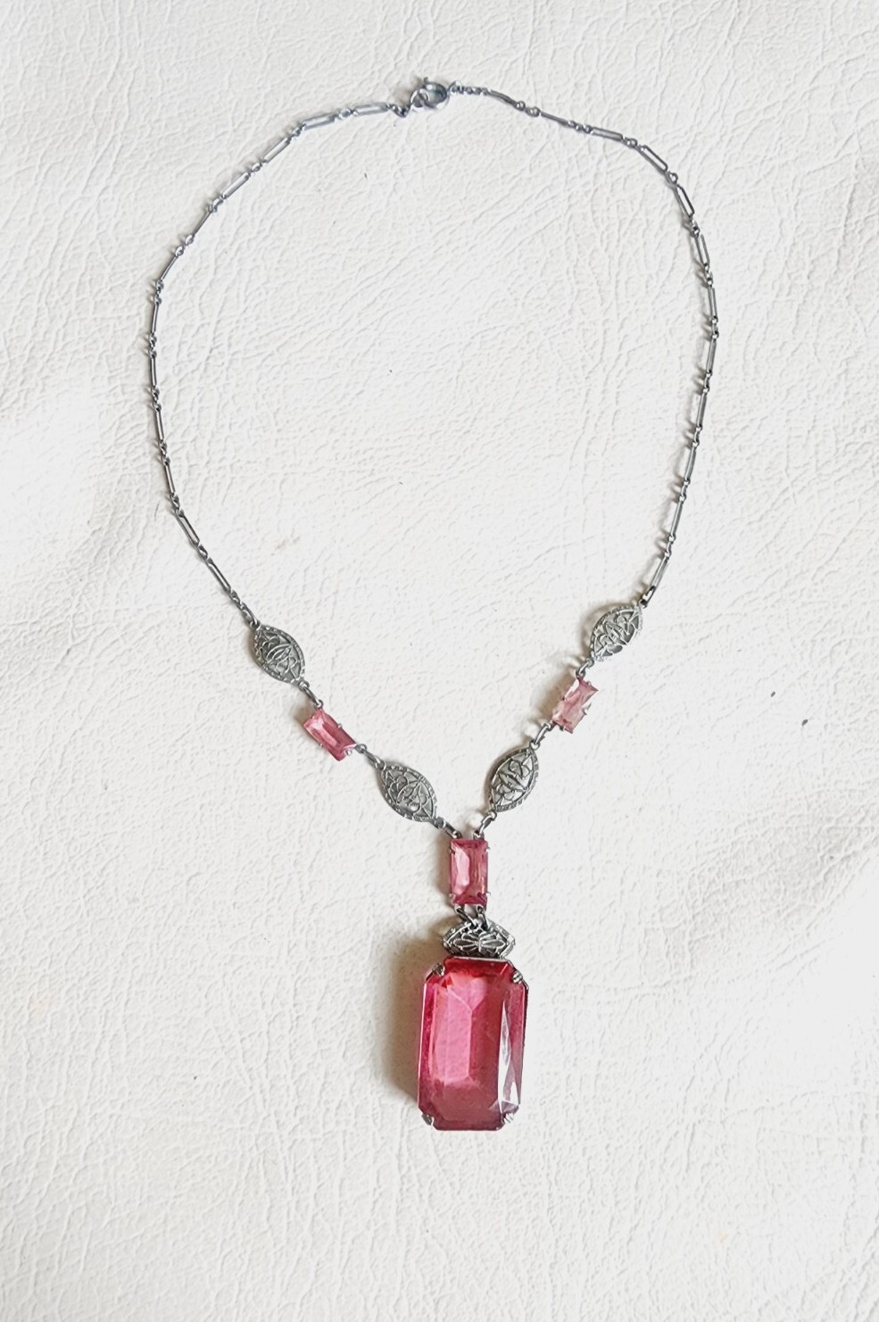 Antique ART DECO Silver Tone PINK CZECH Glass Filigree Necklace