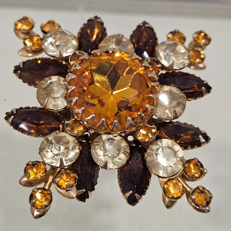 Judy Lee Vintage Golden Brown Yellow Stones Layered Flower Gold Tone Brooch Pin