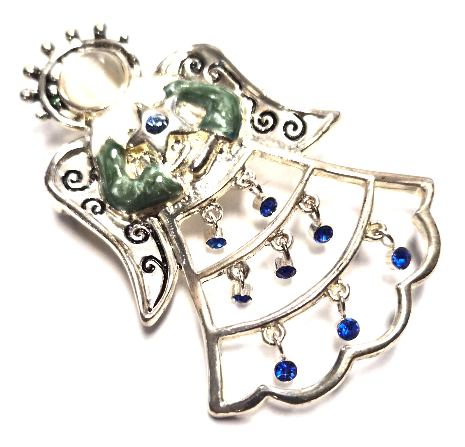 Estate Christmas Holiday Angel With Wings Blue Rhinestone Dangles Pin / Brooch