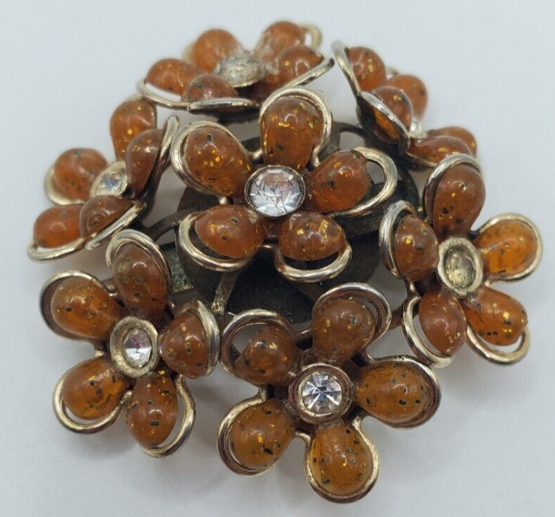 Beautiful GOLDEN BROWN AMBER FLOWER RHINESTONE BROOCH PIN