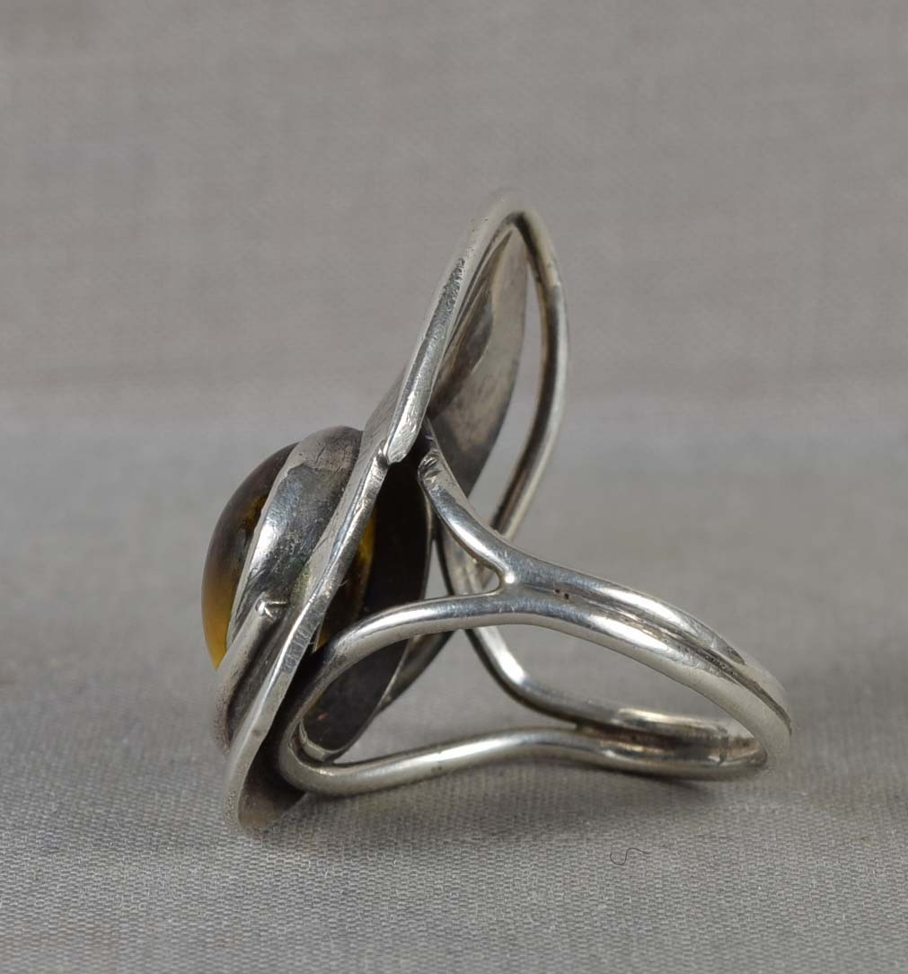 Vintage sterling silver Modernist RING tiger eye Size 8.5