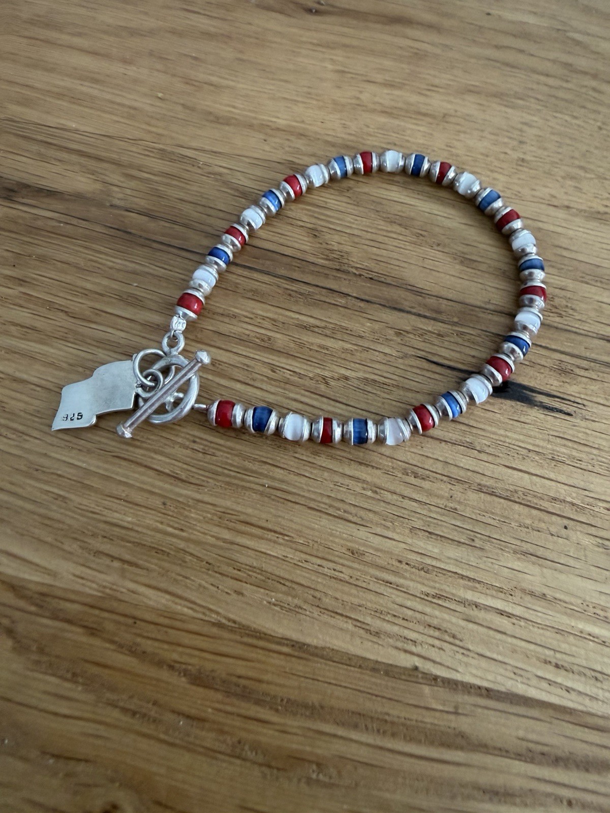 Vintage Sterling Silver 925 Patriotic Bead Flag Charm Bracelet 7.25”