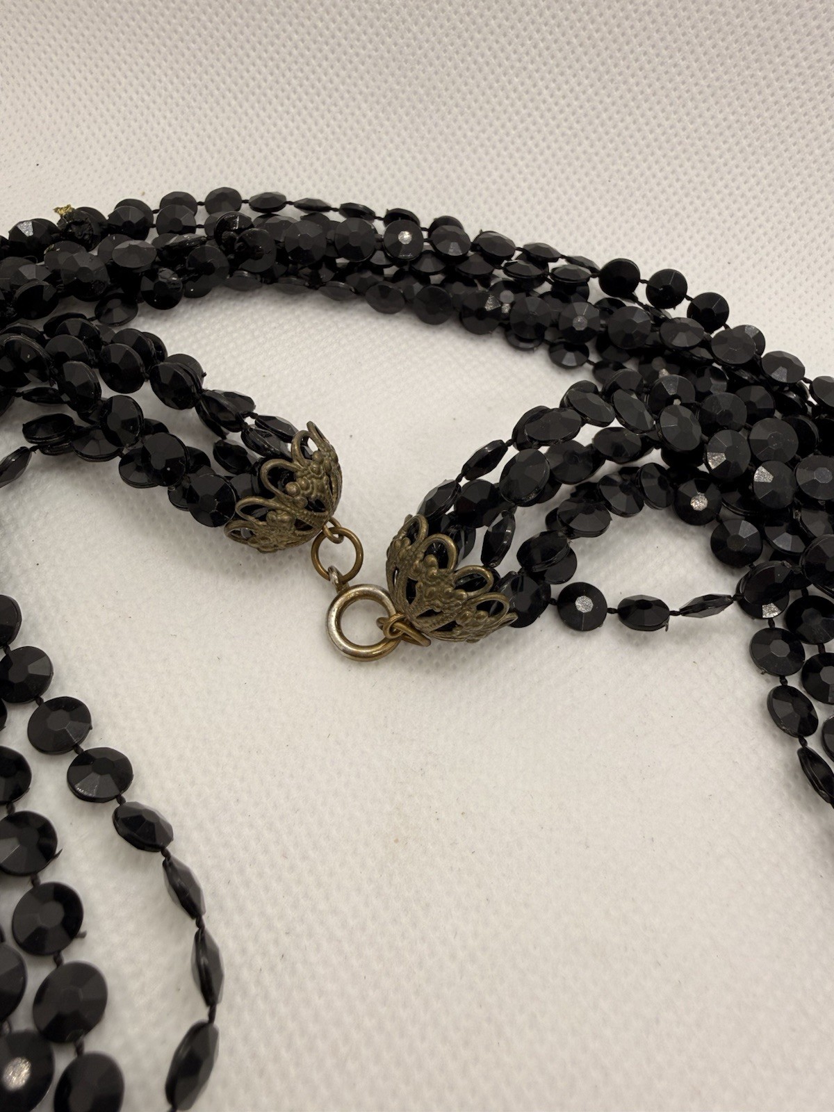 Vintage Multi Strand Black Faceted Bead Necklace Statement Bib Cascade 25 In