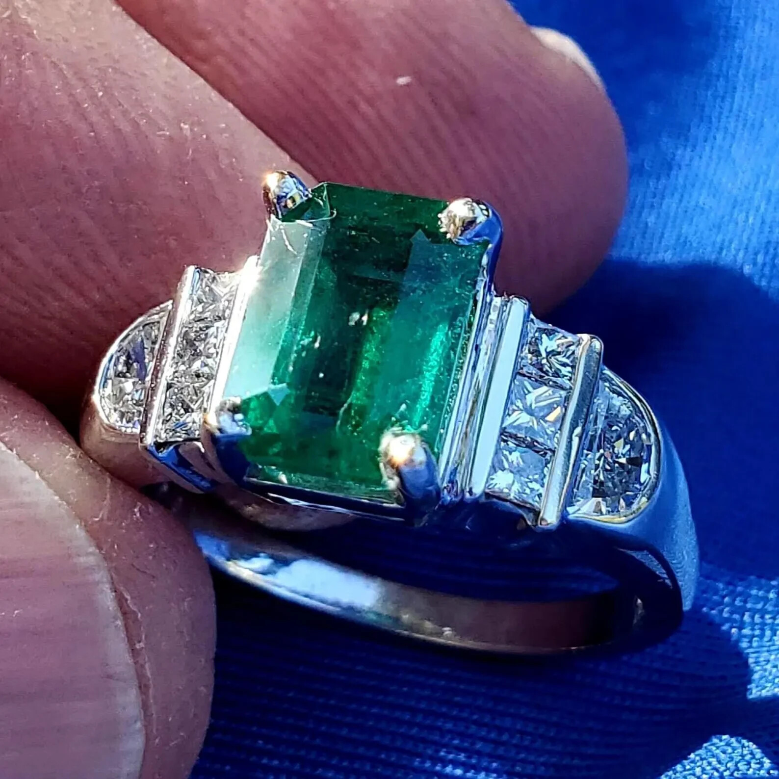 Original EARTH MINED EMERALD DIAMOND Deco Engagement Ring 14K GOLD Solitaire S 7