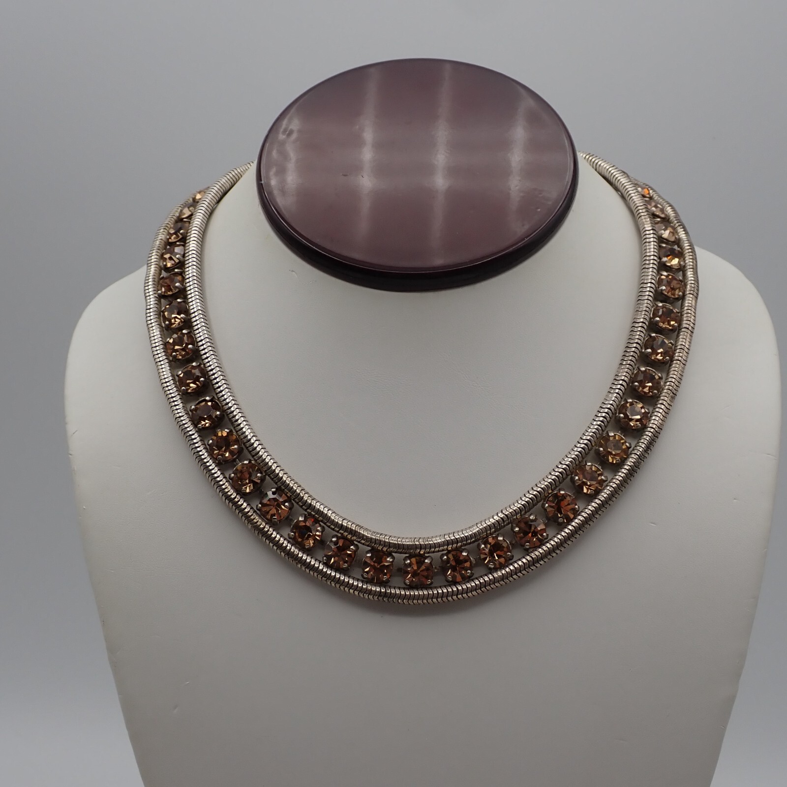 Vtg Double Snake Chain Prong Set Golden Brown Rhinestone 17″ Tennis Necklace