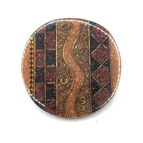 Vintage Plastic Resin Layered Brown Gold Black Round Geometric Pin 1970s