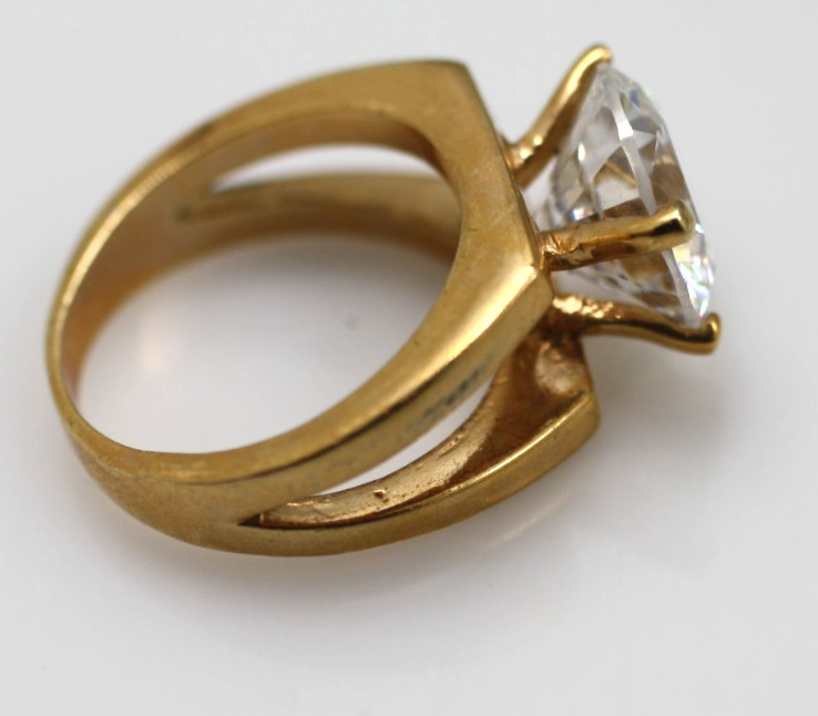 18K yellow gold plated large 12mm round clear stone double style band ring sz 8