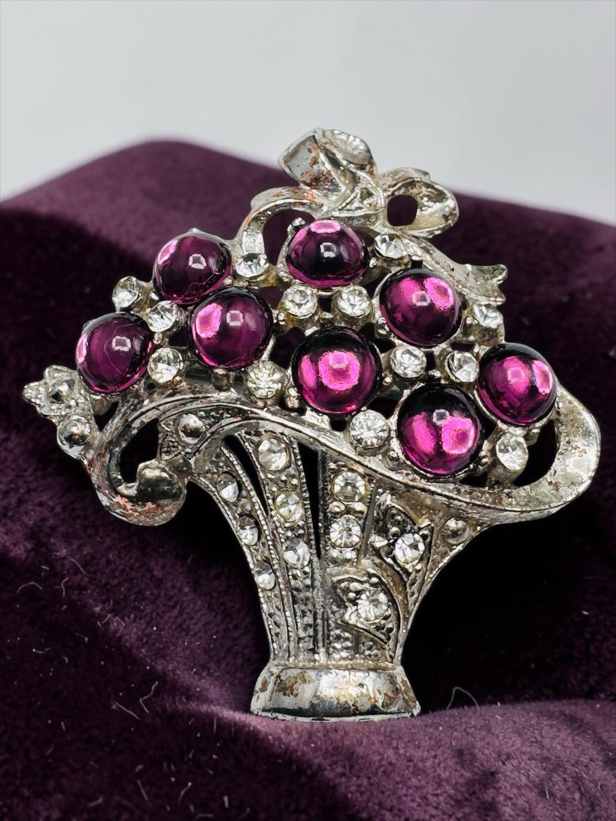 Vintage Coro? Purple Glass Cabochon Rhinestone Flower Basket Brooch c1940s