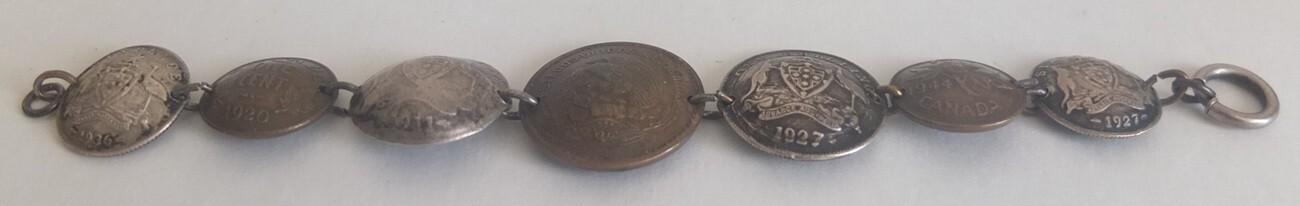 vintage folk art bracelet—coins from 1911 to 1945—four are Australia .925 silver