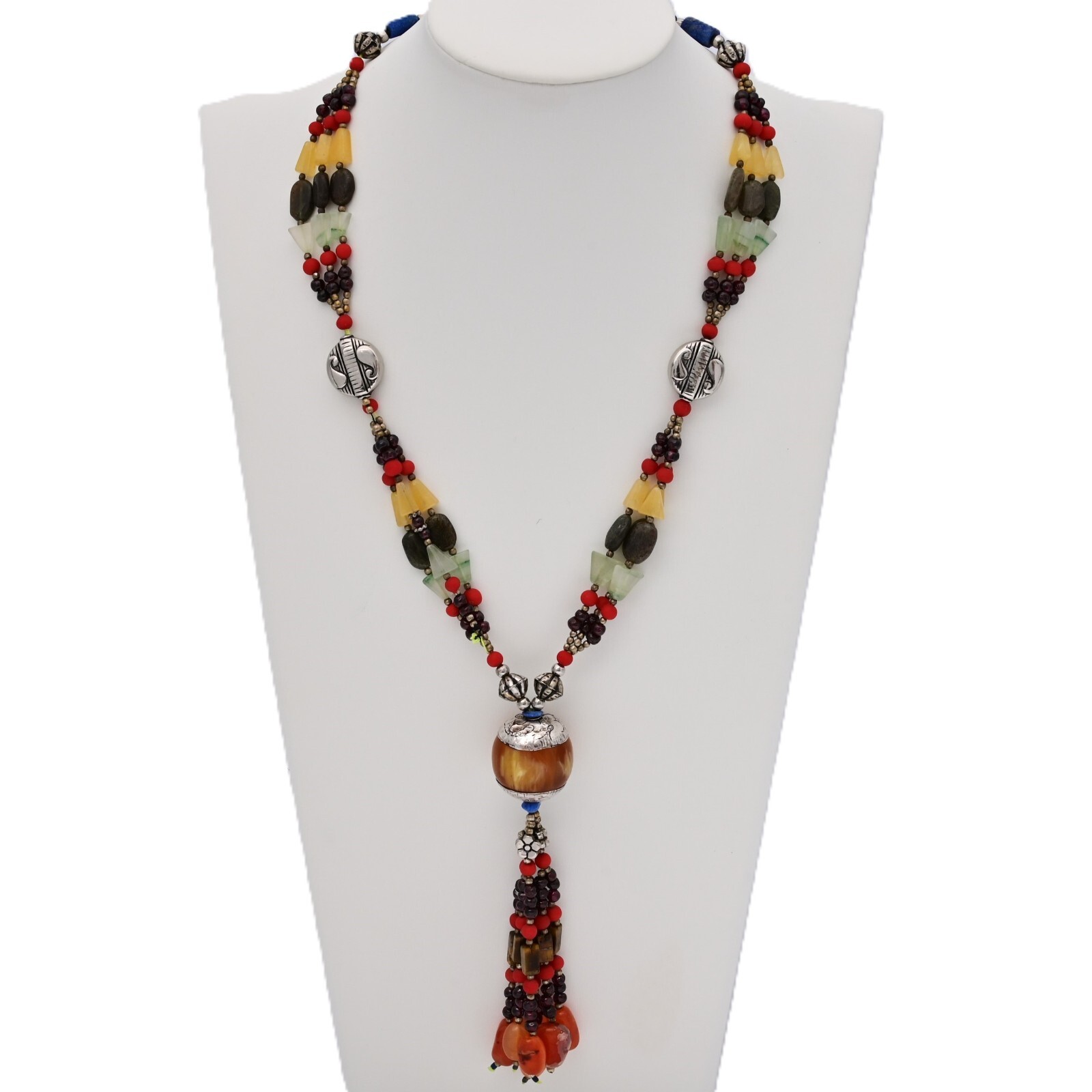 Vintage Original Sterling Silver Tribal Multi Gemstone Pendant Estate Necklace
