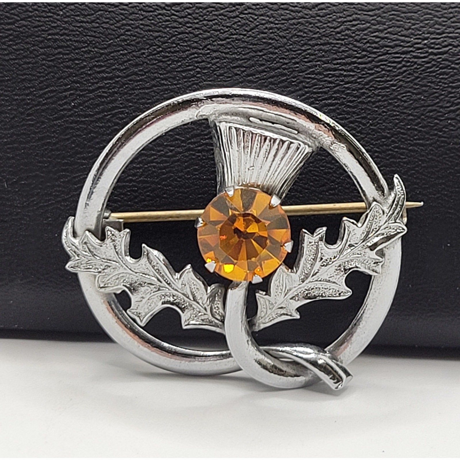 Scottish Thistle Brooch Kilt Shawl Pin Silvertone Orange Rhinestone Vintage