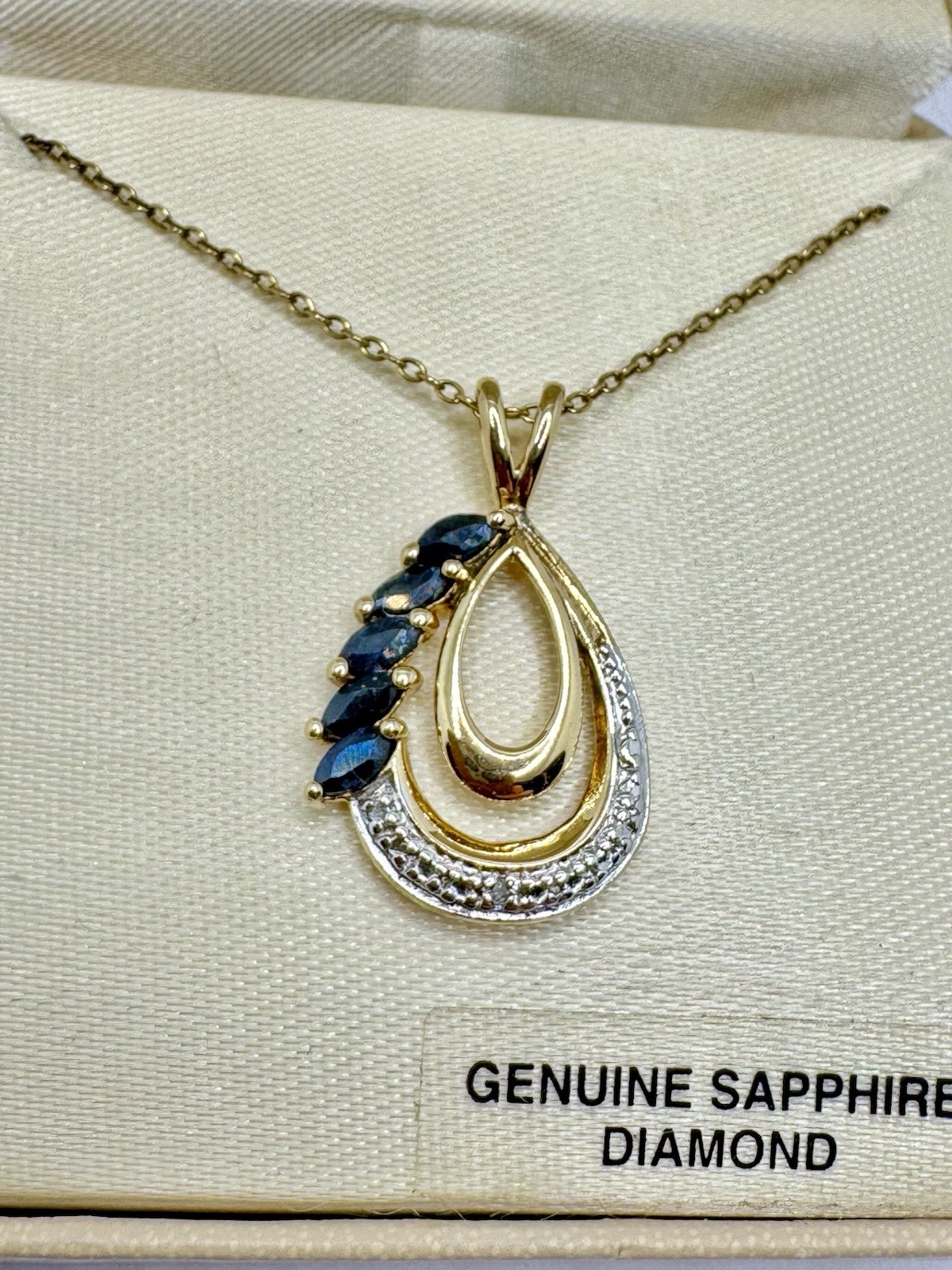 Vintage Sapphire Diamond Necklace 18” Sterling Silver 18k Gold Plated-Unused