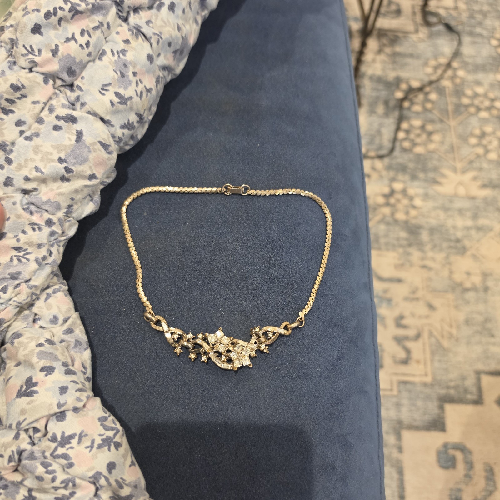 Vintage Gold Tone Clear Rhinestone Choker Necklace Ornate Square Baguette Stones
