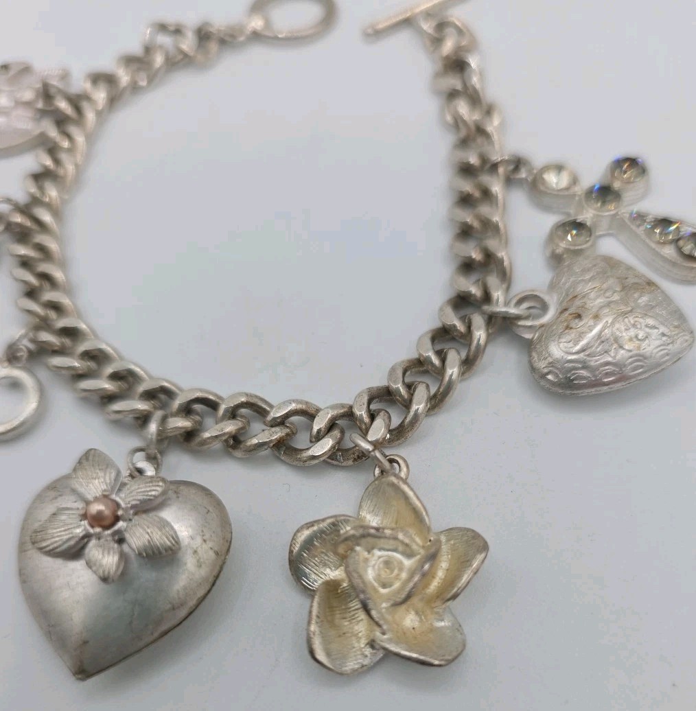 Vintage Silver Tone Chunky Charm Bracelet Heart Key Clover 8″ Cross Love Luck