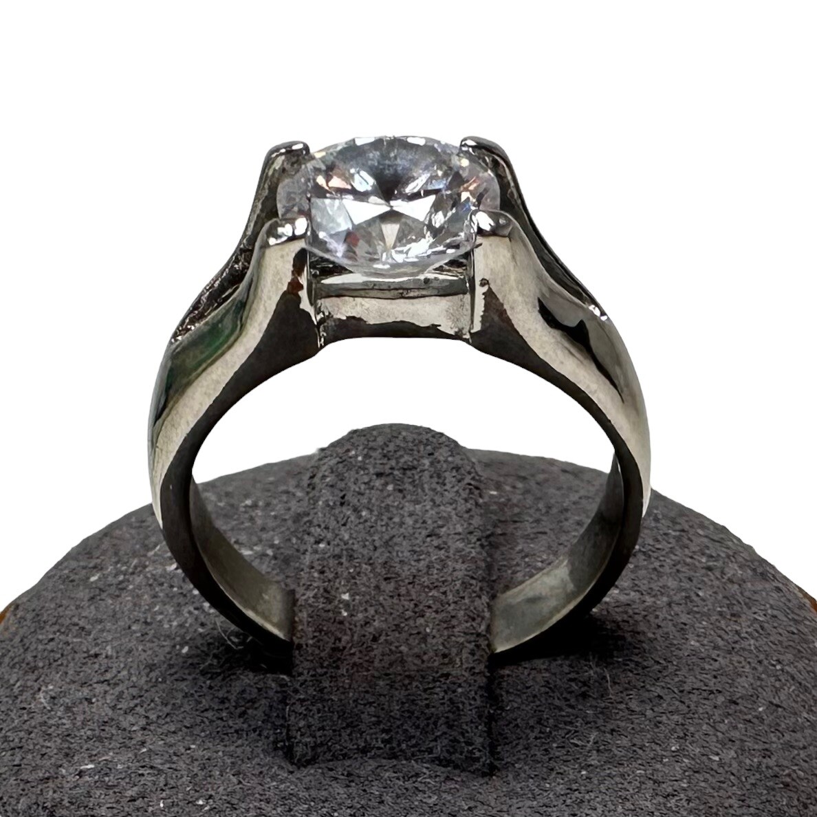 Vtg Silver Tone Round Solitaire Floating Rhinestone Costume Ring Size 7.5