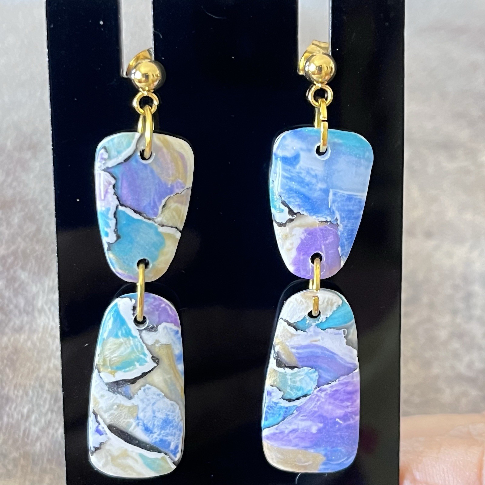 Rectangle Dangle Pierced Earrings Blue, Purple, White Swirl Glam MCM Gold Tone