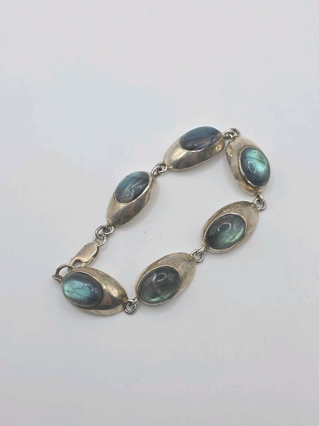 Vintage Sterling Silver 925 Labradorite Oval Link Bracelet 7.25″ 31g