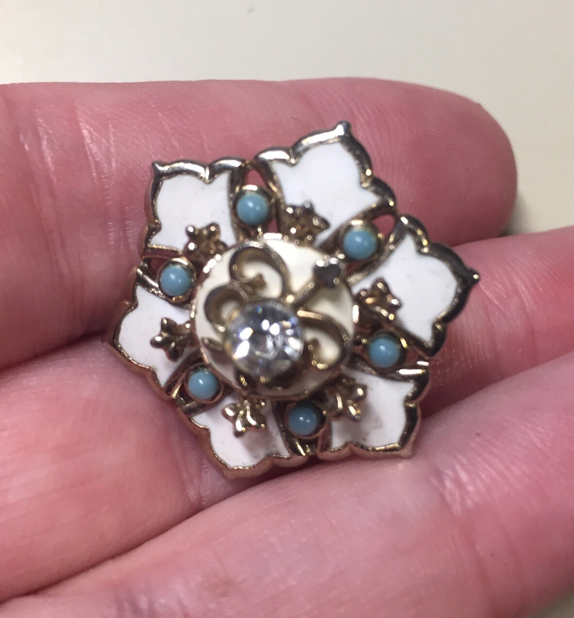 Vintage Rhinestone Enamel Turquoise Flower Brooch