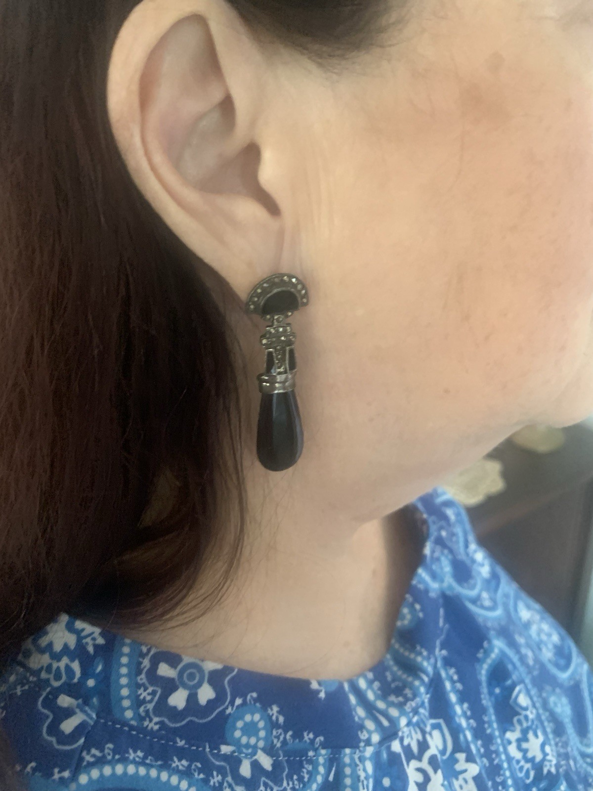 Vintage Signed 925 ND Sterling Black Onyx & Marcasite PE Dangle Earrings