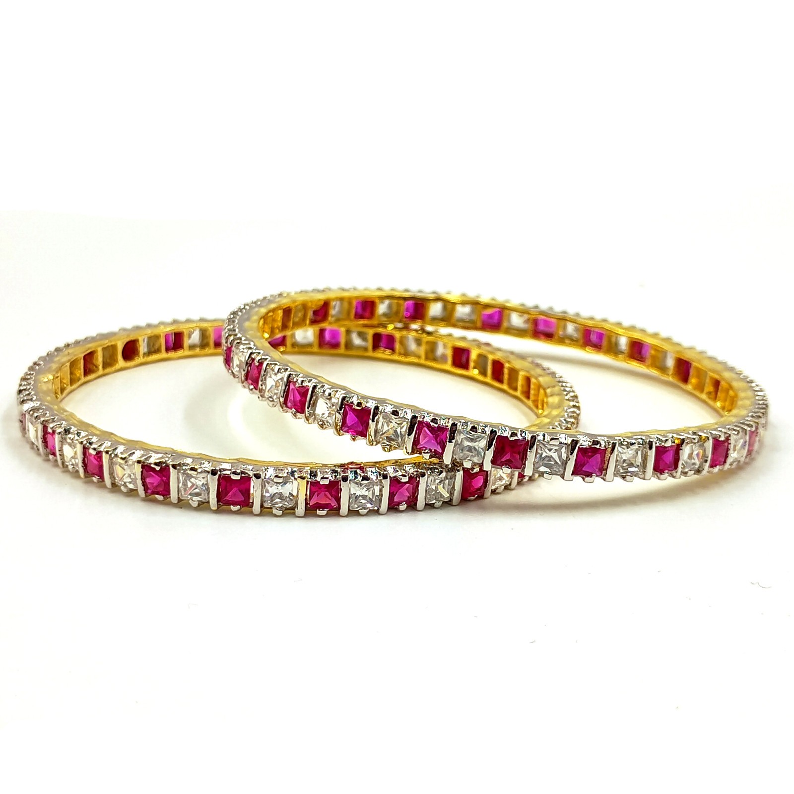 South Indian Style Ruby CZ Bangle Set 22K Gold Plated Traditional Bridal Jewelry