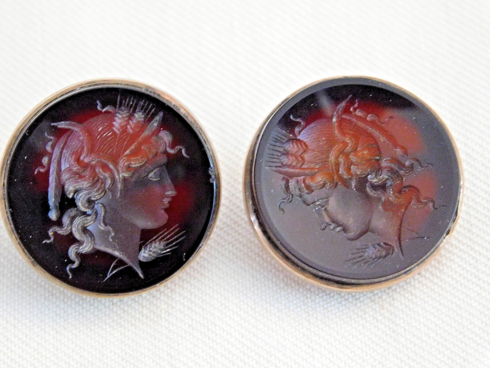 AMAZING Edwardian RENAISSANCE REVIVAL CARVED CARNELIAN CUFFLINKS, GODDESS, 1900