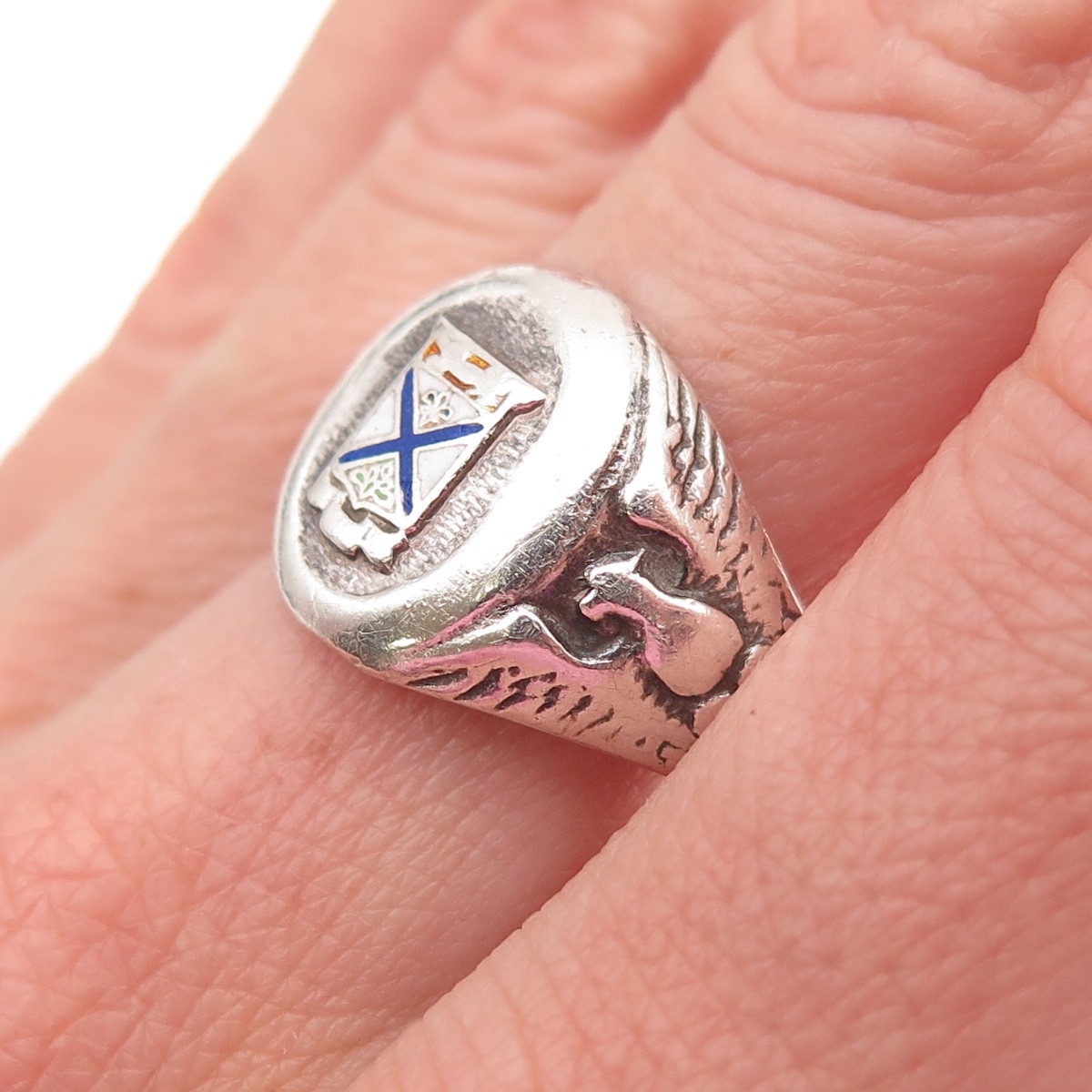 925 Sterling Silver Antique WWII Enamel US Army Eagle Oxidized Ring Size 8.5