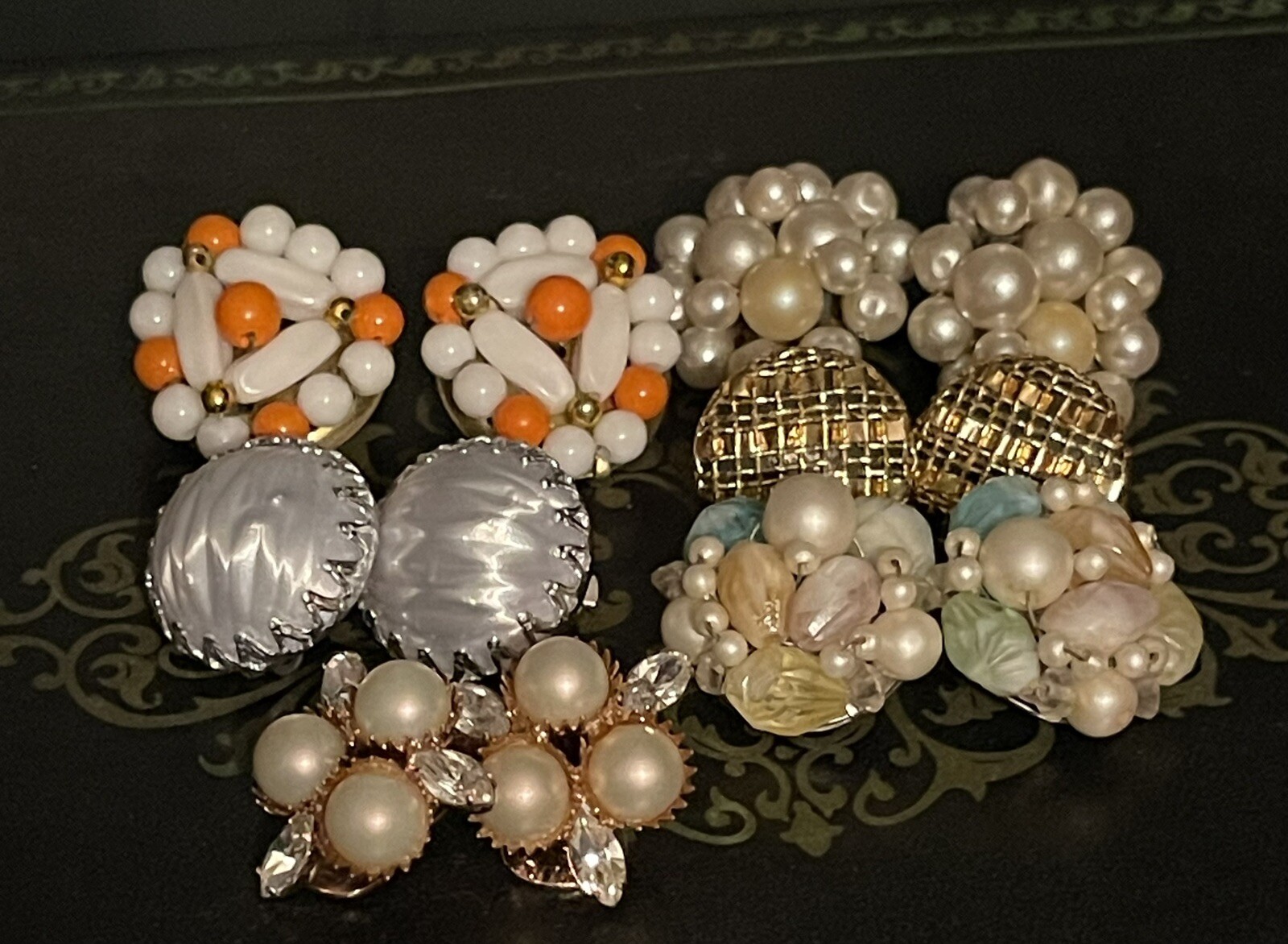 Vintage Beaded Cluster Clip On Estate Earring Lot 1950s Jewelry Hong Kong Japan