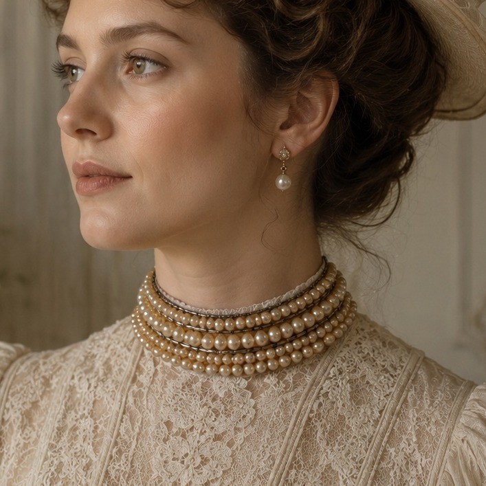 Vintage Necklace Choker Collar Faux Pearl Beaded Mid-Century Old Hollywood Glam