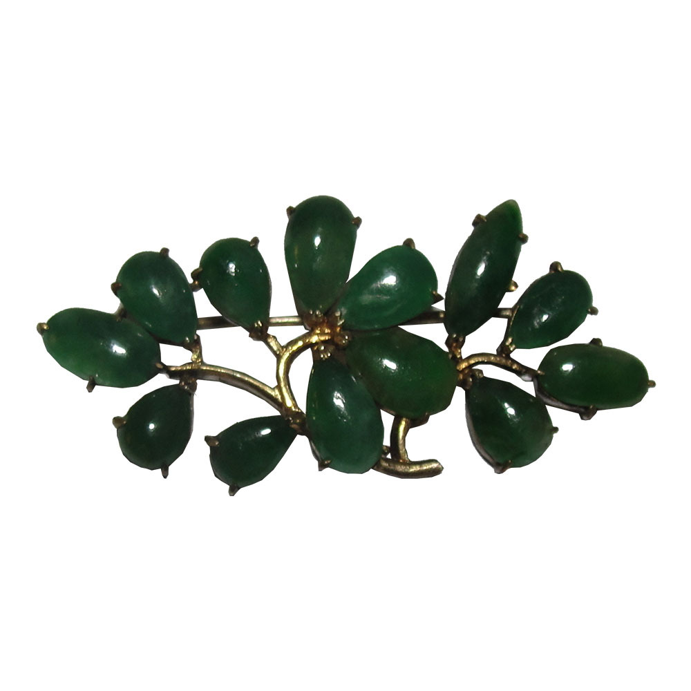 Victorian Gold Gilt Carved Emerald Cabochon Pin