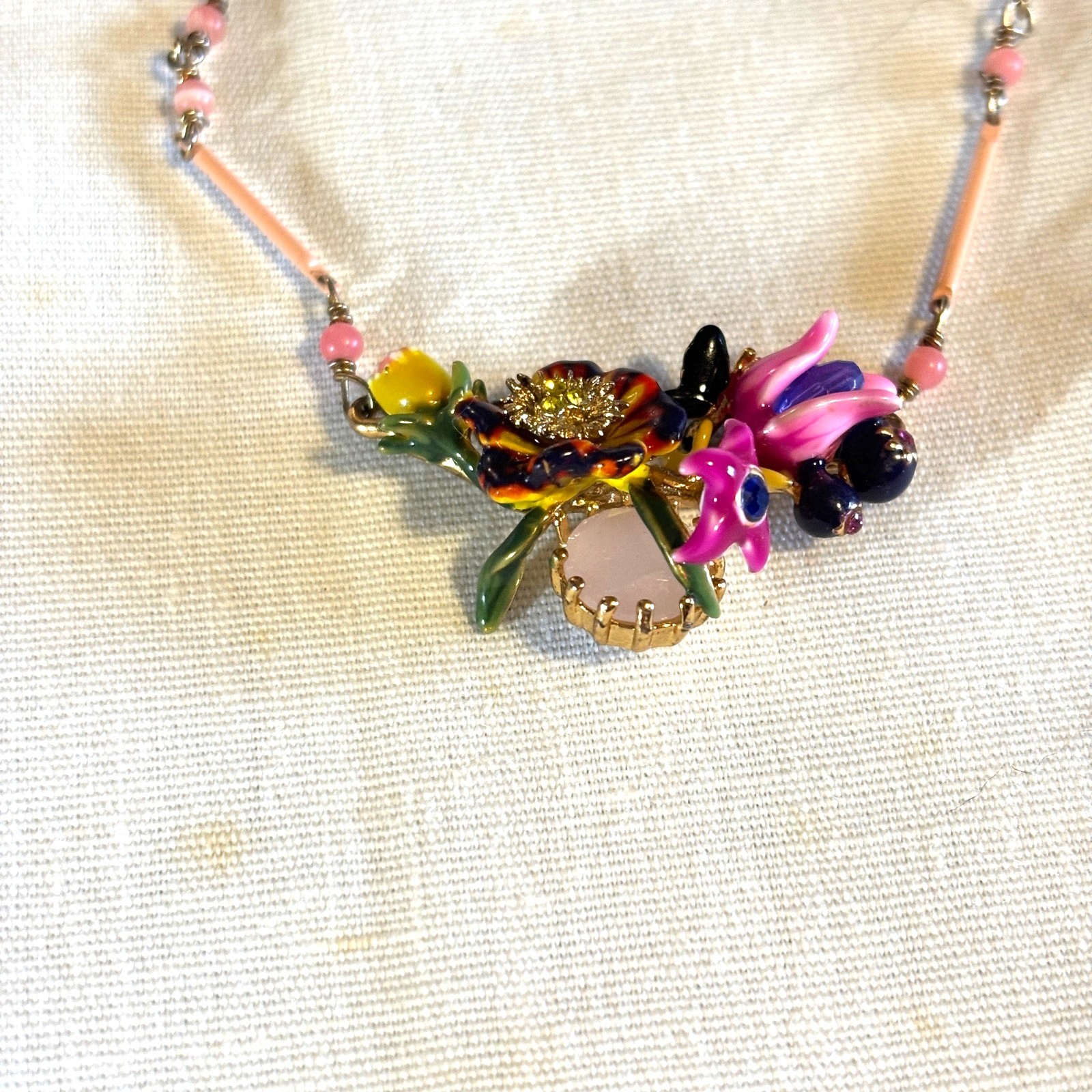 Les Nereides Paris Enamel Floral Necklace Hand Painted French Designer 19″