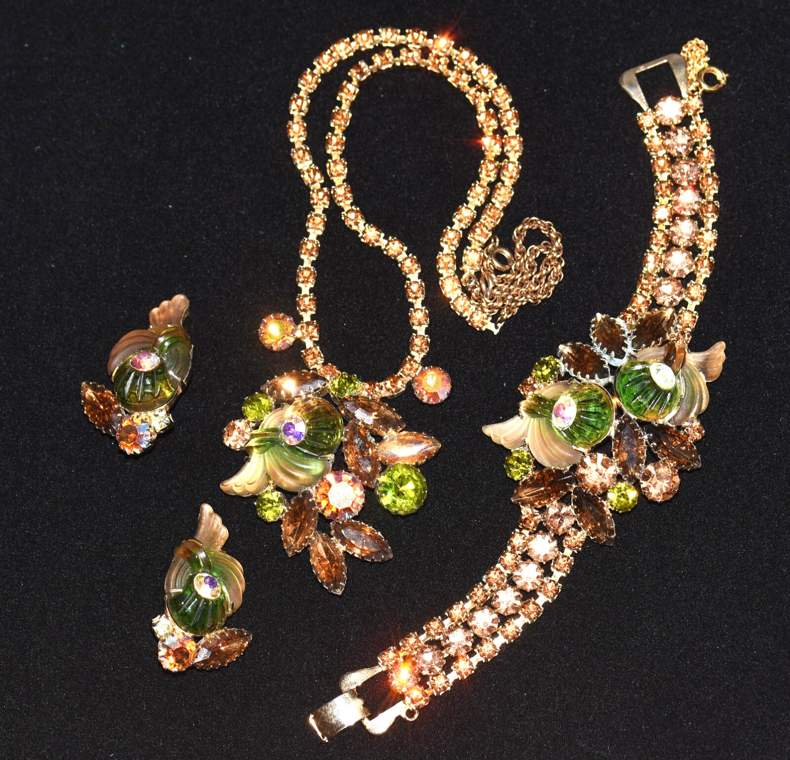 Incredible EDLEE Green & Amber CORNUCOPIA Molded ART GLASS Necklace Bracelet ER