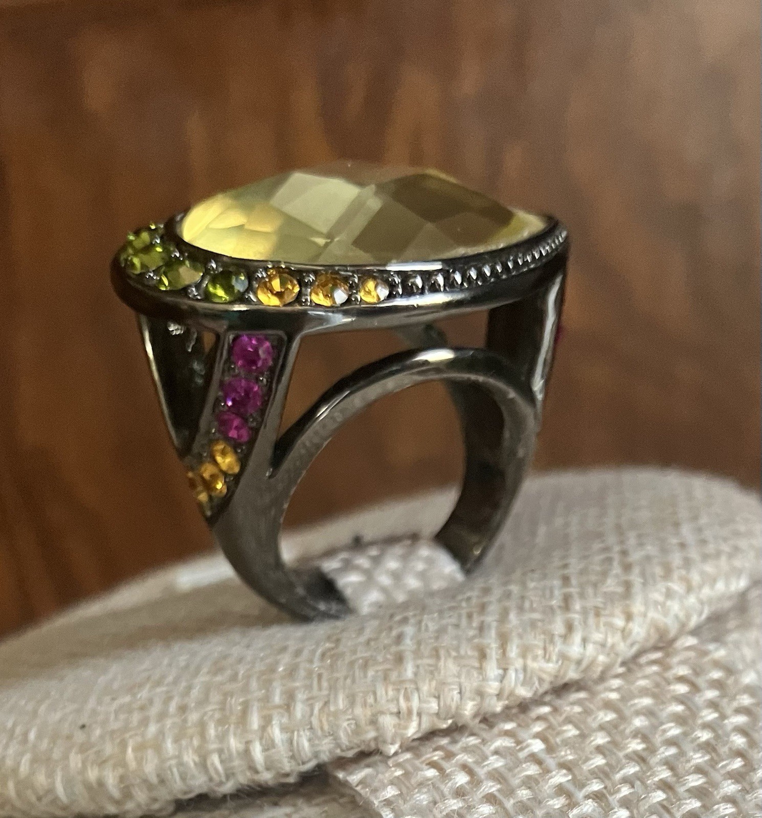 HSN Designer Signed M & CN Multi Gemstone Yellow Teardrop Faceted Cocktail Ring