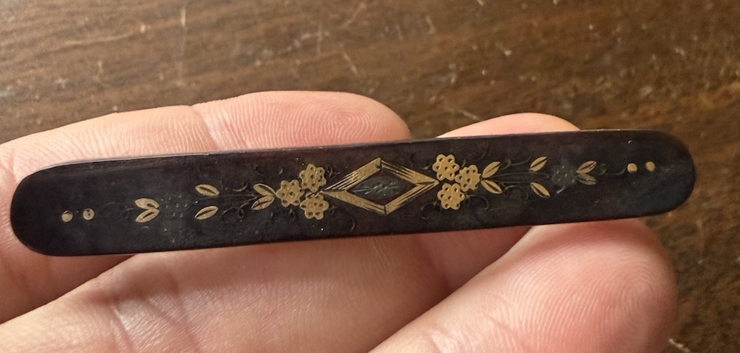 Antique Victorian French Jet Mourning Brooch Black Glass Bar Pin Gothic Memento