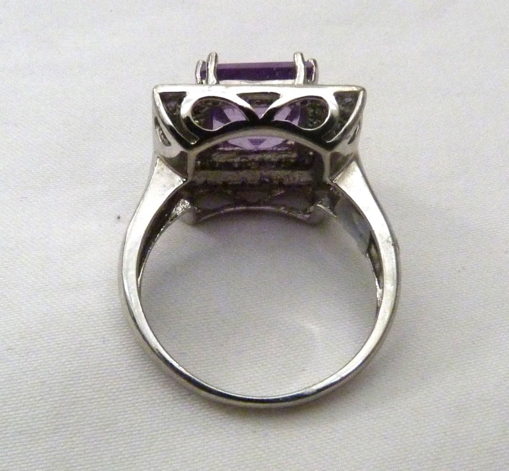 DESIGNER TC 5.62 ASSCHER AMETHYST HALO WHITE ZIRCON STERLING SILVER RING SZ 10