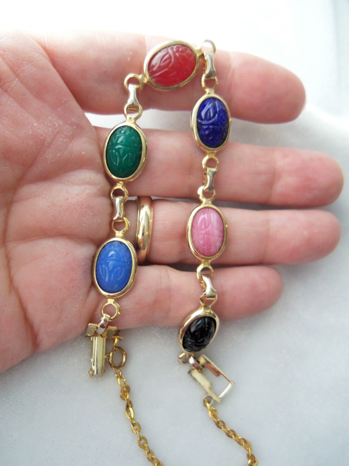 VTG Multicolor Faux Gemstone Scarab Link Gold Tone Bracelet With Safety Chain