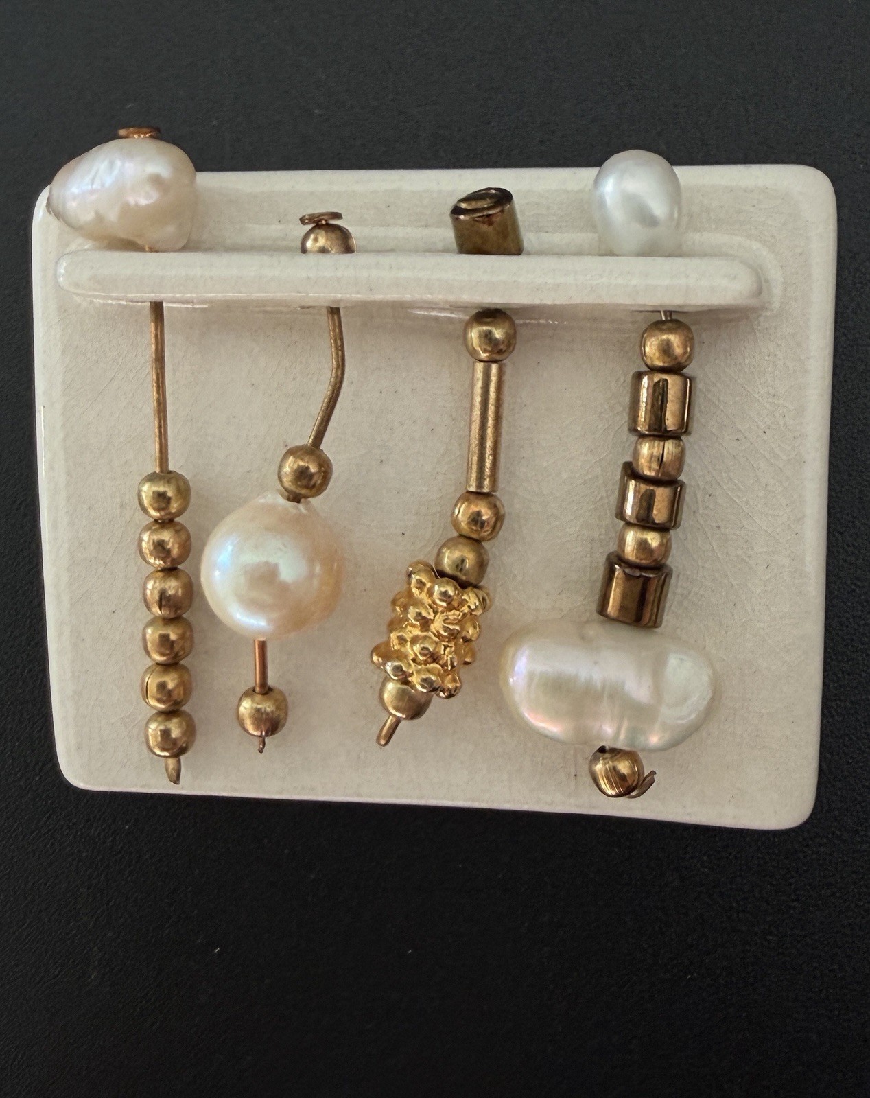 Artisan Ceramic Brooch with Dangling Freshwater Baroque Pearls Gold Beads Vtg